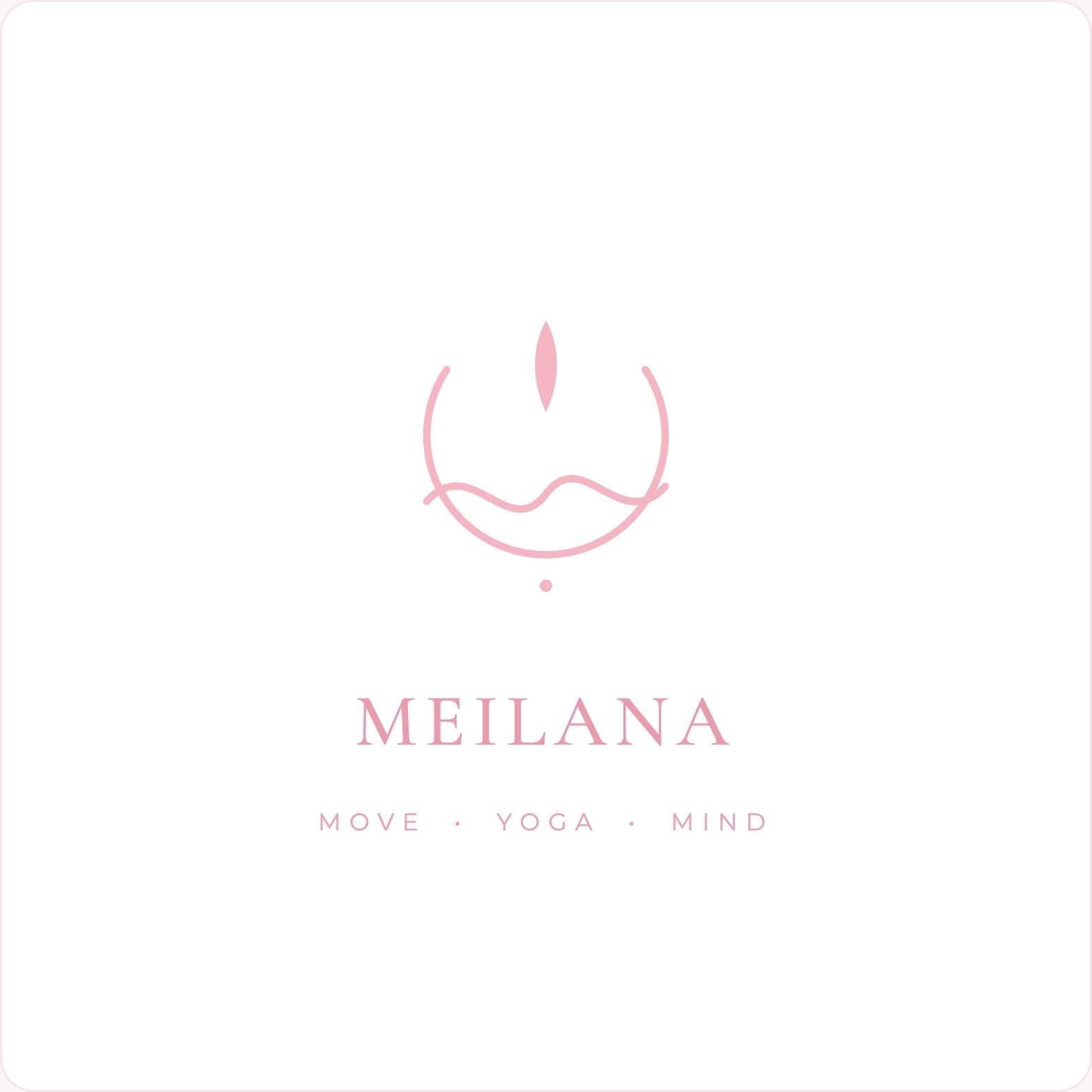 A monochrome baby-pink emblem featuring an open Zen arc, a fluid wave, and a central lotus petal to represent mindfulness, movement, and yoga.